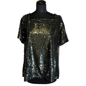 Ann Taylor Sequin Short Sleeve Boat Neck Top in Dark Green, Women's Size Large
